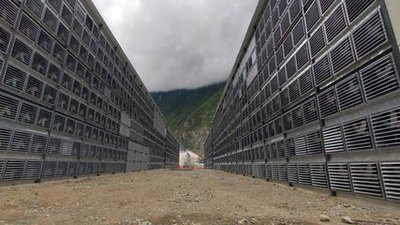 A modern mining farm showcasing powerful mining rigs